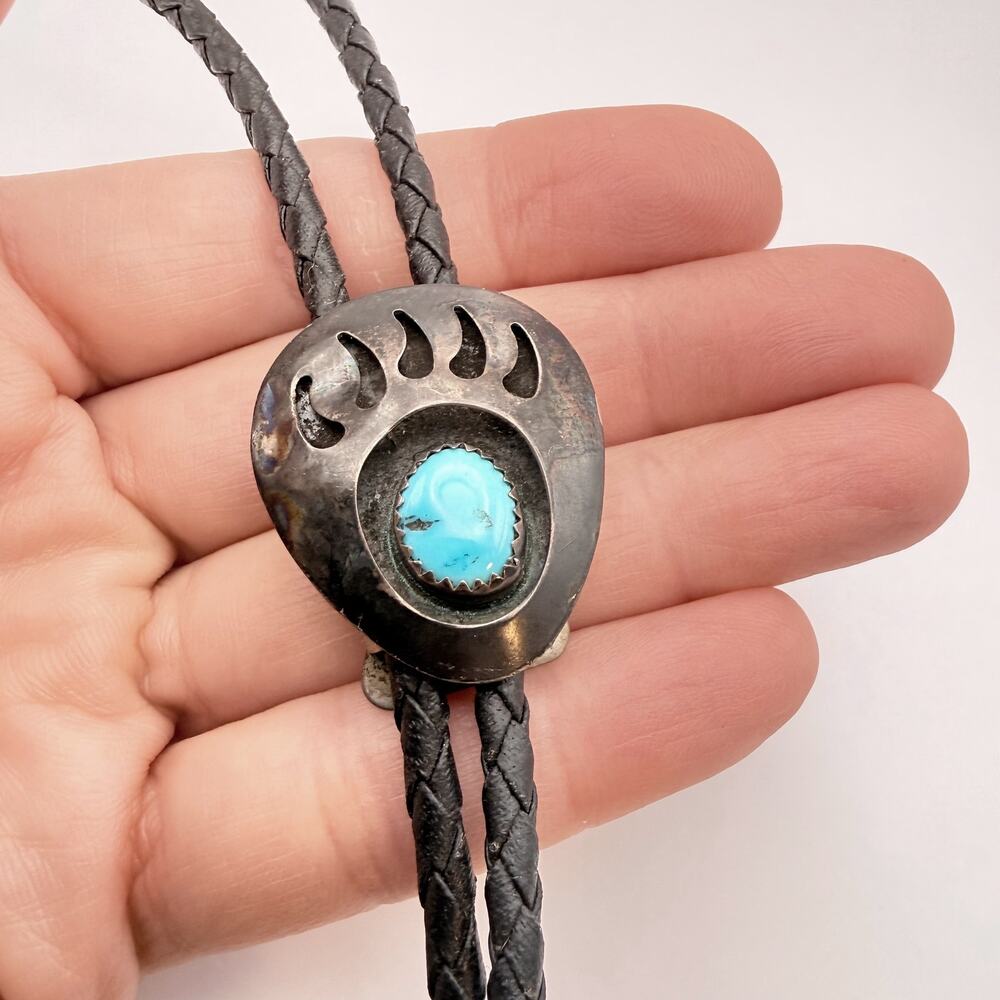 Vtg Sterling Silver Turquoise Bear Claw Paw Bolo Tie Southwest Native Shadowbox